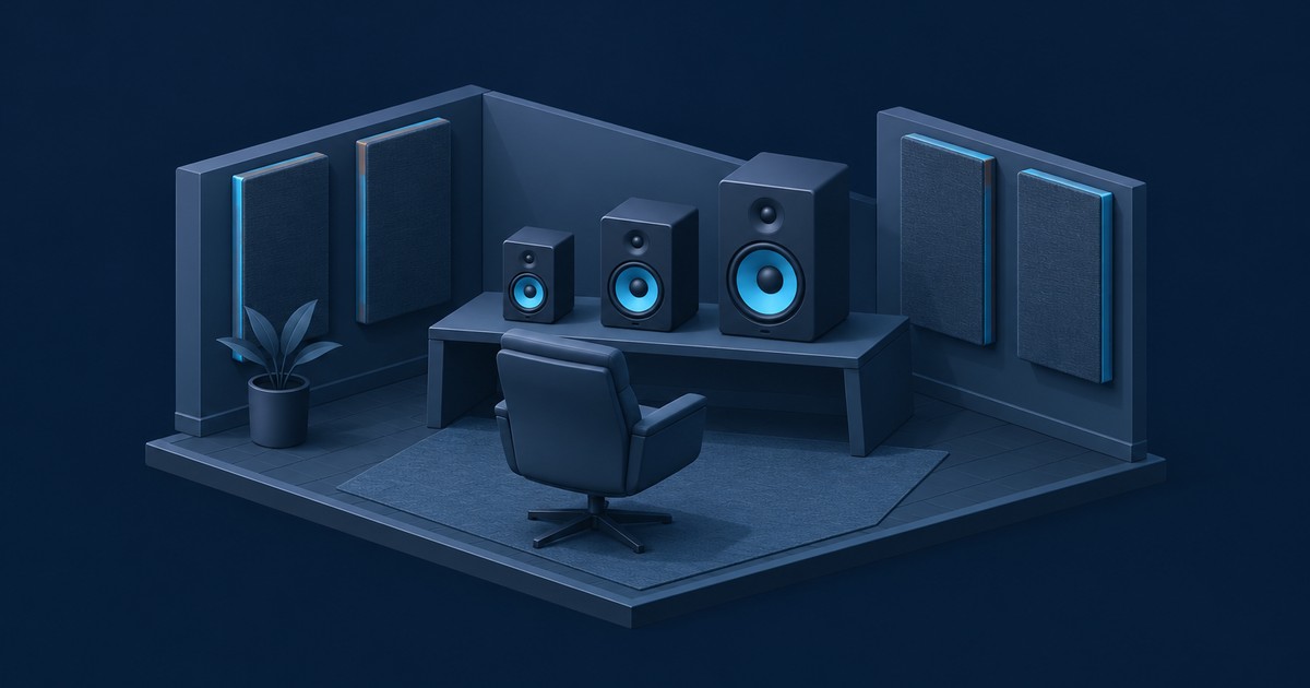 Isometric navy studio room with three studio monitors of increasing size on a desk, an office chair on a rug, acoustic wall panels and a potted plant